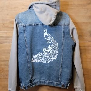 Unisex Carbon Blue Jean Jacket with Peacock on back.  Unique!